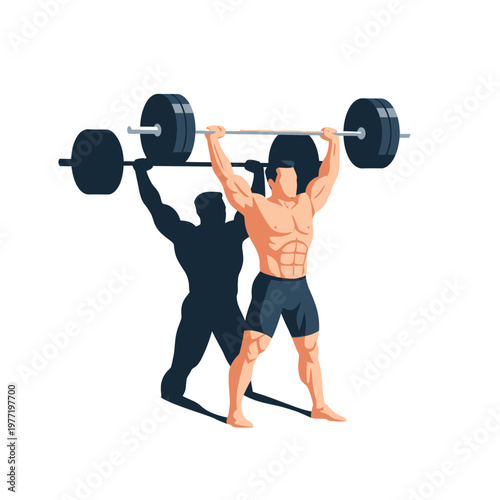 Muscular Man Lifting Heavy Barbell Overhead, Silhouette Shadow, Fitness Strength Workout