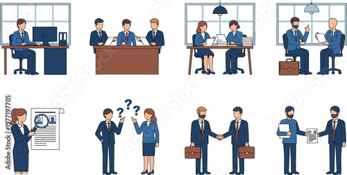 Business Character Vector Illustration Set Featuring Office Meetings Job Interviews Recruitment Human Resources Management and Professional Handshake for Corporate Careers
