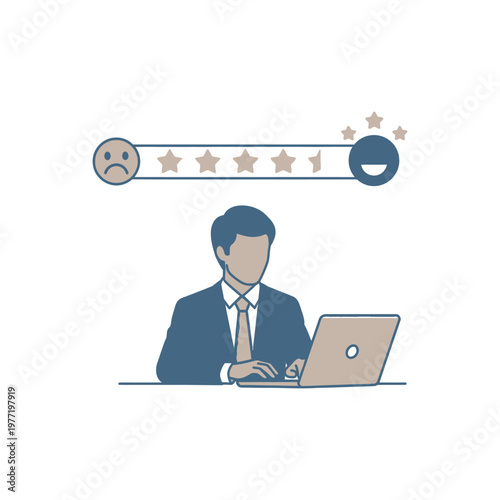 A businessman sitting at a desk with a laptop, evaluating a rating system with a frowning face to a smiling face and stars in between.