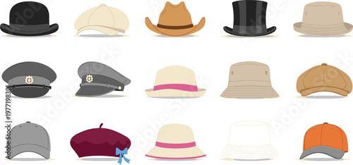 Comprehensive Collection of Professional and Casual Hat Vector Icons Featuring Bowler, Cowboy, Top Hat, Military Caps, Beret, and Sun Hats for Fashion and Uniform Design