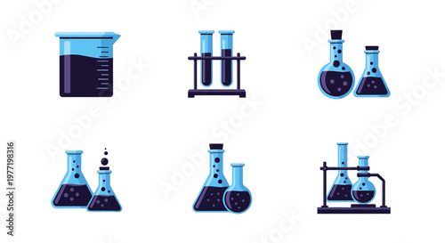 Illustrated chemical glassware: Beakers, test tubes, flasks, and experimental equipment graphic