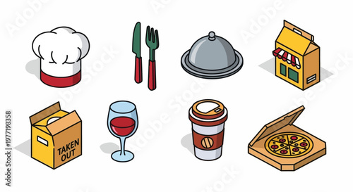 Illustrated Culinary Elements: A Collection of Food Service and Dining Icons in Modern Style