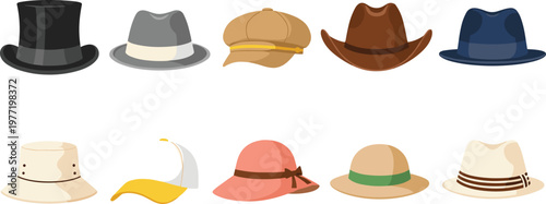Comprehensive Fashion Hat Vector Icon Set Featuring Top Hat, Cowboy Hat, Fedora, Newsboy Cap, Sun Hats, and Baseball Cap for Apparel Design and Retail Clothing