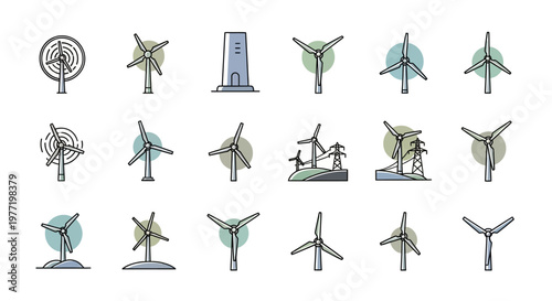 Illustrated depiction of various wind turbines, renewable energy generation concepts