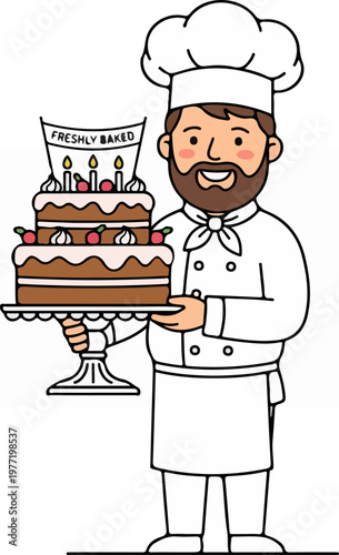 Smiling Chef Holding Cake.
