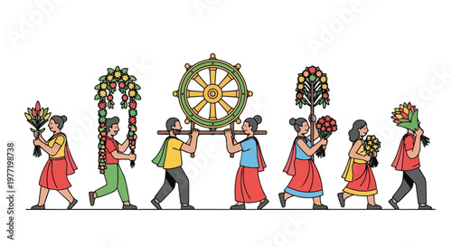 Buddhist Festival Procession Flat Vector Illustration