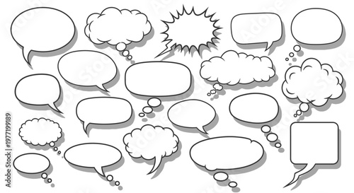Comic-style speech bubbles arrayed against a bright white background for visual communication