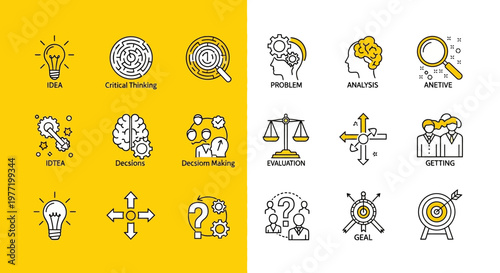 Conceptual icons representing problem-solving, decision-making, and idea generation process