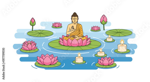 Buddha Meditation on Lotus Flower Vector Illustration