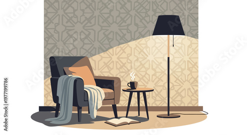 Cozy living room scene illustration featuring armchair, lamp, and reading nook ambiance