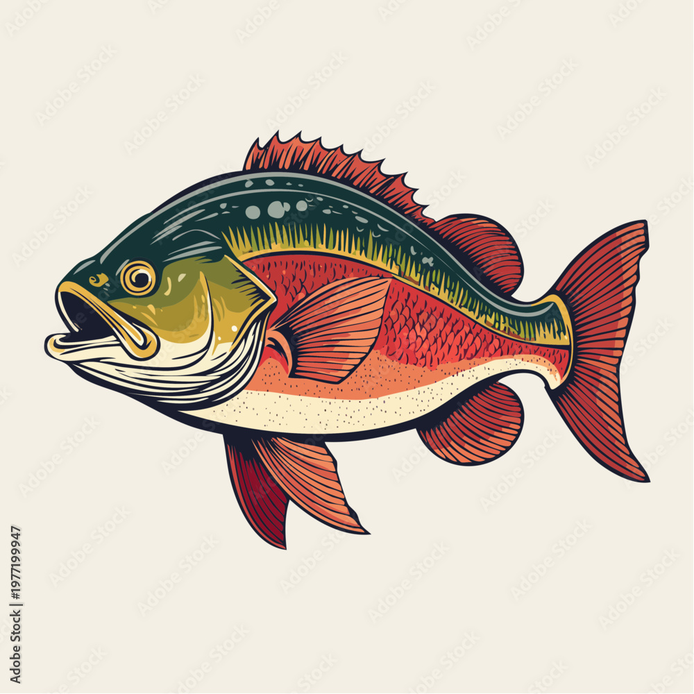 Fototapeta premium Vibrant red fish with green and yellow scales swims energetically underwater.