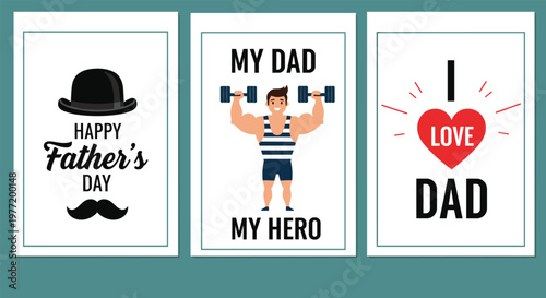 Set of three Fathers Day cards includes designs with a classic bowler hat and mustache, a muscular dad lifting weights, and a red heart.