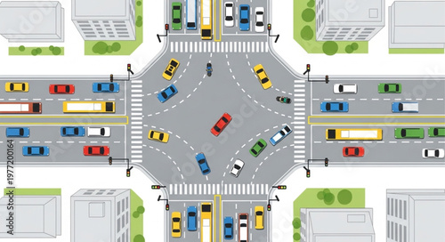 Aerial View of a Busy City Intersection with Cars.