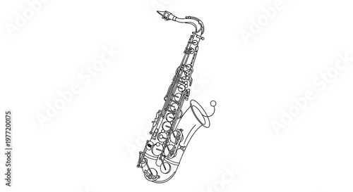 Detailed black and white line art illustration of a saxophone displays the complex keys and structure of the woodwind musical instrument.
