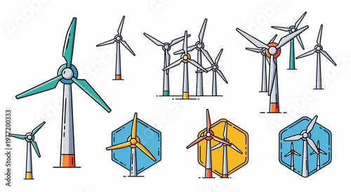 Illustration of various wind turbines, representing green energy, renewable resources