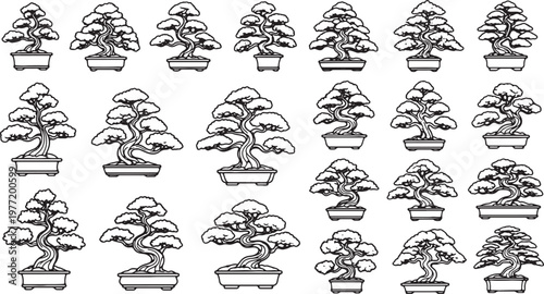 collection of stylized bonsai trees flat design vector illustration