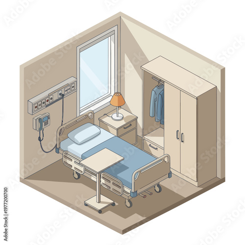 Hospital Room Interior with Medical Bed and Wardrobe.