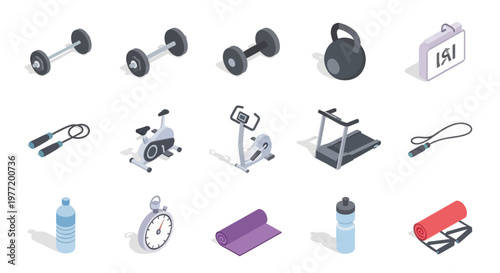 Isometric Gym Equipment and Fitness Elements Illustration for Exercise and Wellness Themes