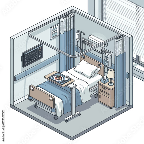 Hospital Room Interior Isometric View with Medical Equipment.