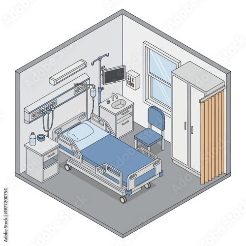 Hospital Room Interior with Medical Equipment and Bed.
