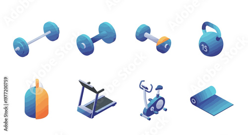 Isometric Gym Equipment Illustration: Weights, Treadmill, Exercise Bike, and Fitness Gear
