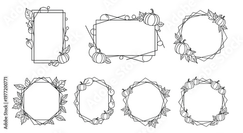 Set of decorative outline frames with pumpkins and autumn leaves for thanksgiving and harvest season celebrations and cards.