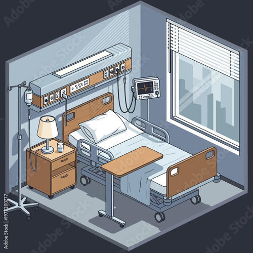 Hospital Room Interior with Medical Equipment and Bed.