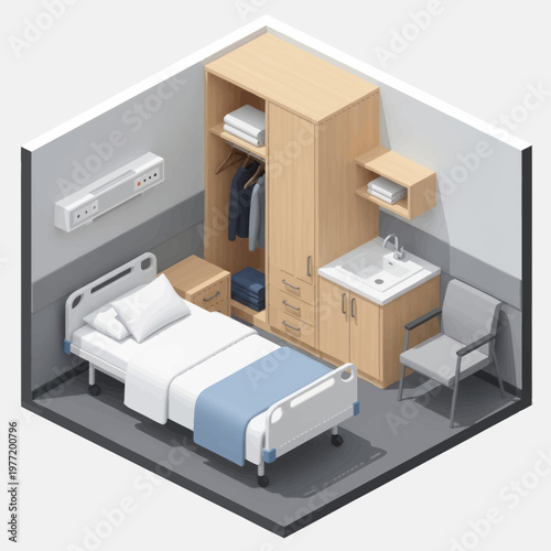 Hospital Room Interior With Medical Bed And Wardrobe.