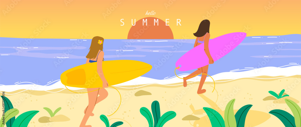 Obraz premium Summer beach vector background with two women carrying surfboards at sunset. Tropical seaside illustration with ocean waves, sandy shore and colorful vacation scene for posters and banners.