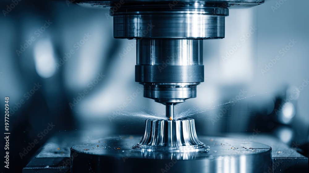 Fototapeta premium Computer numerical control milling machine manufacturing a complex metal part with high precision, representing modern industrial technology processes and engineering