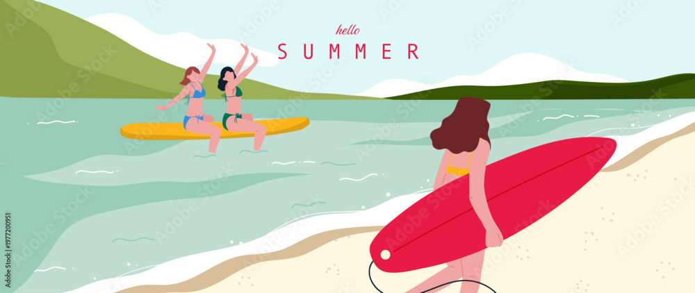Obraz premium Summer beach vector background with women surfers and colorful surfboards on tropical seaside. Sunny ocean vacation illustration with sandy shore, calm waves and coastal landscape.