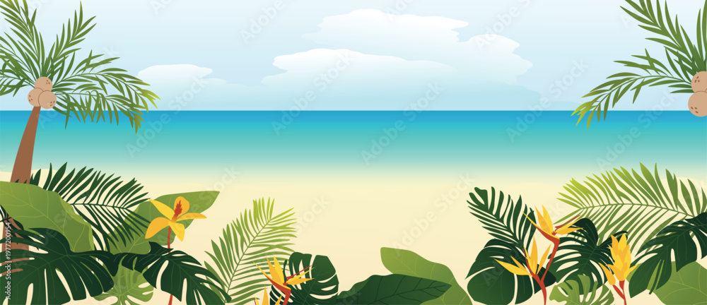 Naklejka premium Summer tropical beach background vector with coconut palm trees, exotic leaves, flowers, turquoise sea and sandy shore. Suitable for travel banner, resort poster and vacation design.