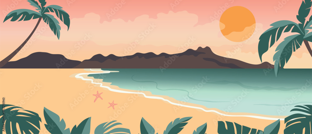 Naklejka premium Summer beach sunset background vector with tropical palm trees, ocean waves and sandy shore. Colorful seaside landscape illustration for travel poster, banner and seasonal design.