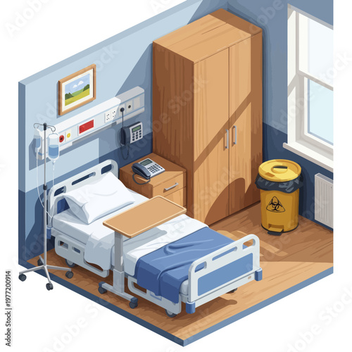 Hospital Room Interior With Medical Bed And Equipment.