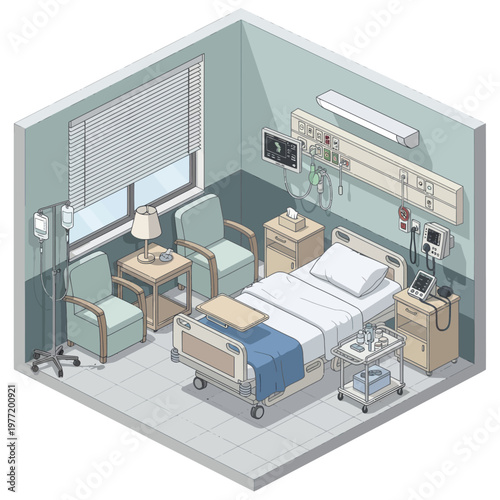 Hospital Room Interior With Medical Equipment And Bed.