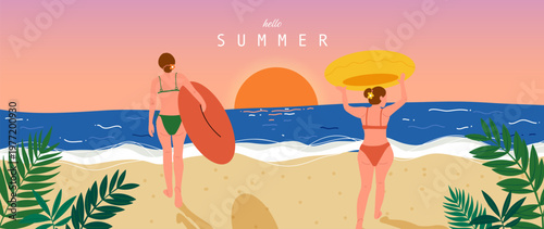 Summer beach vector background with two women carrying surfboards at sunset. Tropical seaside illustration with ocean waves, sandy shore and colorful vacation scene for posters and banners.