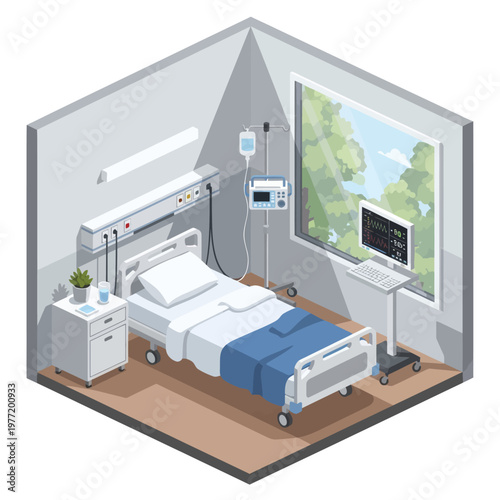 Hospital Room Interior with Medical Equipment and Bed.