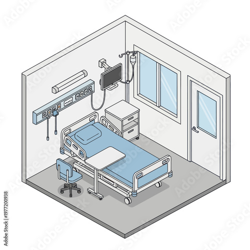 Hospital Room Interior with Medical Bed and Equipment.