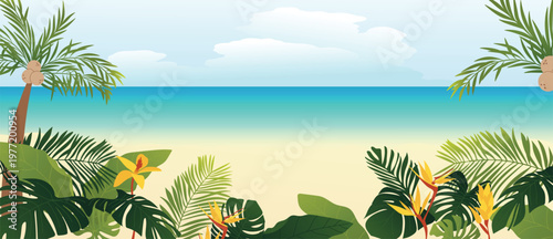 Summer tropical beach background vector with coconut palm trees, exotic leaves, flowers, turquoise sea and sandy shore. Suitable for travel banner, resort poster and vacation design.