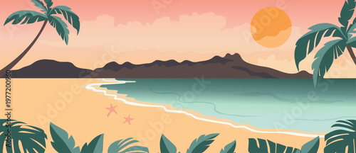 Summer beach sunset background vector with tropical palm trees, ocean waves and sandy shore. Colorful seaside landscape illustration for travel poster, banner and seasonal design.