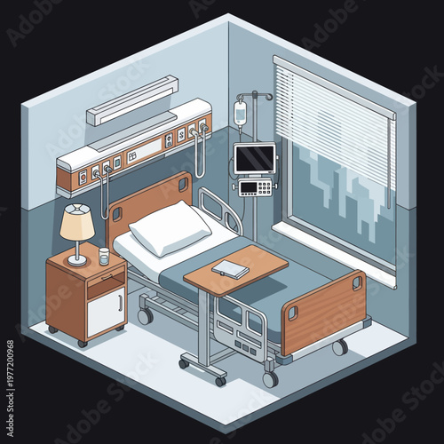 Hospital Room Interior with Medical Equipment and Bed.