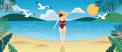 Summer tropical beach vector background with woman in red swimsuit, blue sea, flying seagulls, palm leaves and sunny island landscape. Suitable for travel poster, banner and vacation design.