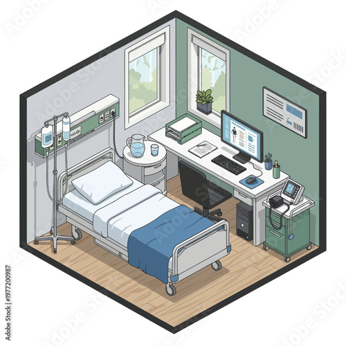 Modern Hospital Room with Medical Equipment and Desk.
