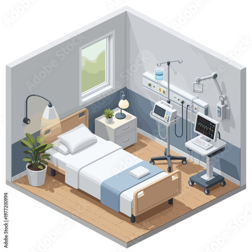 Modern Hospital Room with Medical Equipment and Patient Bed.
