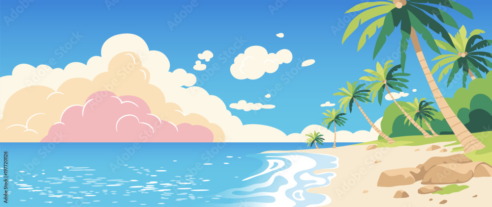 Obraz premium Summer beach sunset background vector with tropical palm trees, ocean waves and sandy shore. Colorful seaside landscape illustration for travel poster, banner and seasonal design.