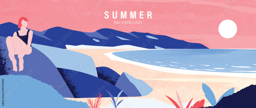 Naklejka premium Summer beach background vector with woman sitting on coastal rocks, pink sky, blue sea and mountain landscape. Suitable for travel poster, banner, vacation design and seasonal promotion.