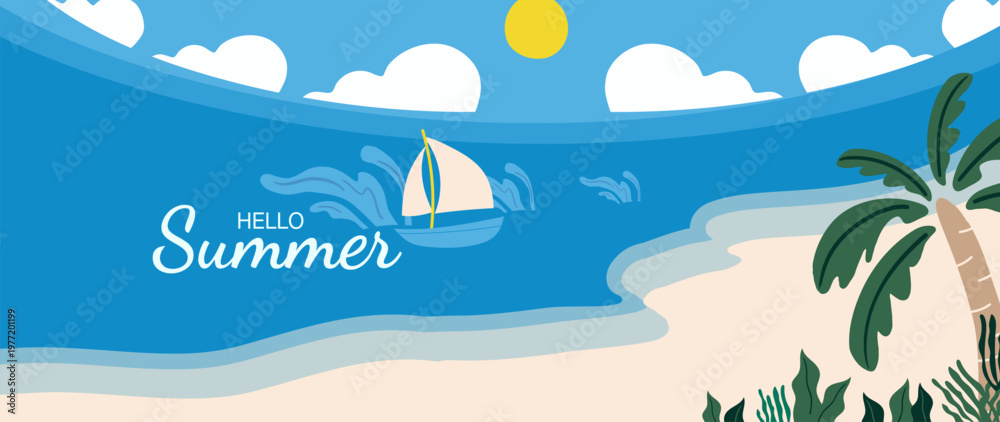 Naklejka premium Summer tropical beach vector background with sailboat, palm tree, sandy shore, blue sea and sunny sky. Suitable for travel poster, banner, vacation design and resort promotion.