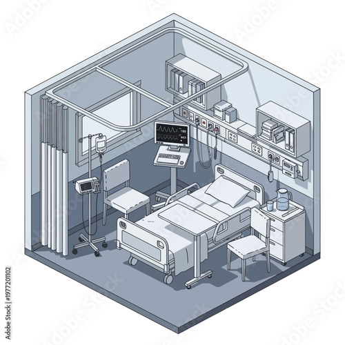 Hospital Room Interior with Medical Equipment and Patient Bed.