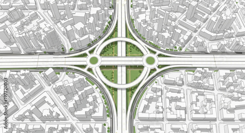 Aerial View of a Complex Road Interchange with Green Spaces.