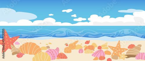 Summer beach background vector with seashells, starfish, sandy shore, blue ocean waves and cloudy sky. Suitable for vacation poster, banner, card and seasonal design.